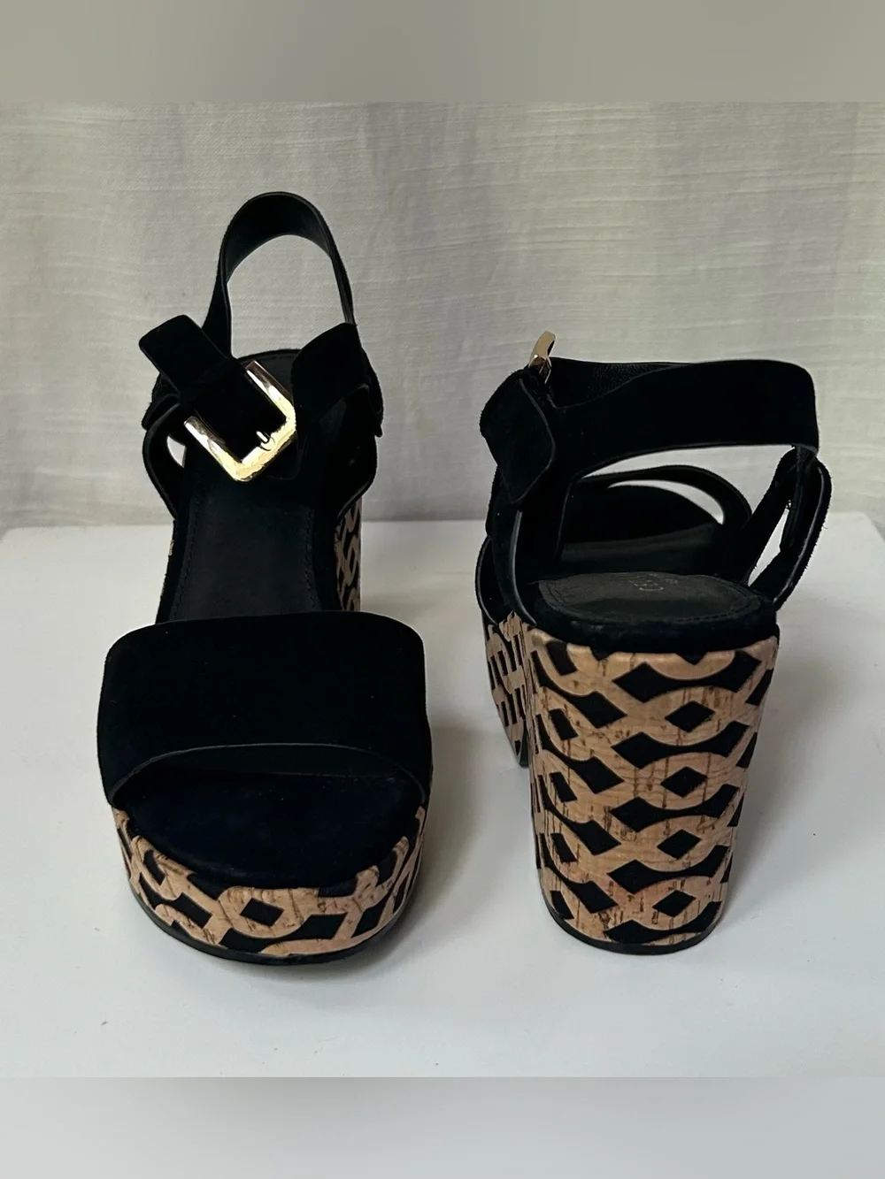 CECELIA NEW YORK Black Suede Platform Wedges with Patterned Cork